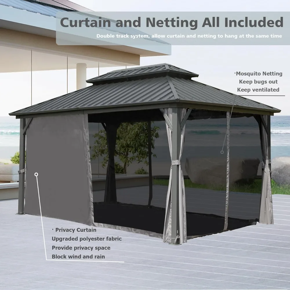 

10’ x 12’ Hardtop Gazebo, Outdoor Aluminum Gazebo with Galvanized Steel Double Roof Canopy, Outdoor Permanent Metal, Customized