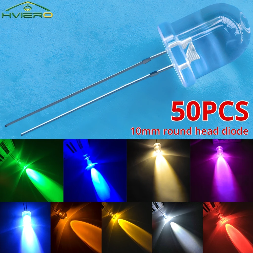 

50Pcs 10mm Round Top Super Bright Lamp Beads Clear Emitting Diode LED Dome Light Bulb White Red Green Blue Yellow UV Pink Orange