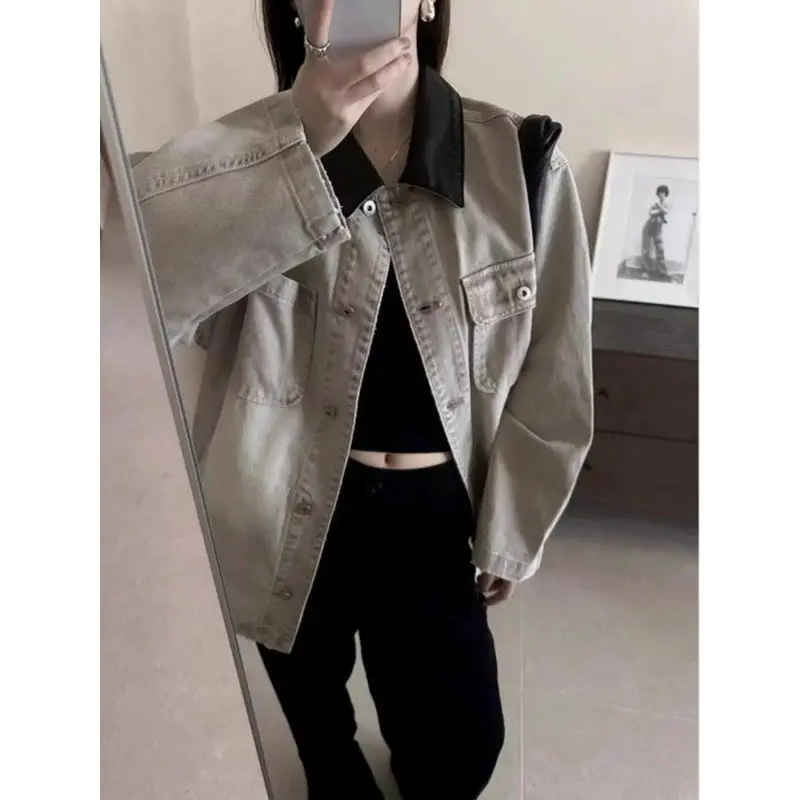 

Grey Denim Jacket Women PU Leather Collar 2025 Spring Autumn Streetwear Unisex Oversized Coat​