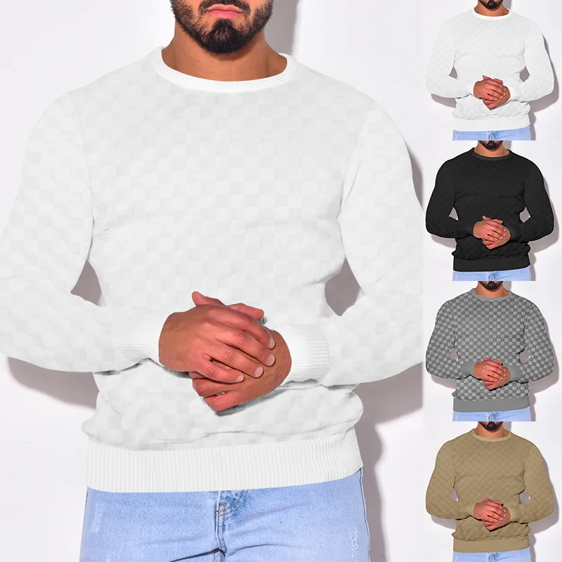 

Men's Knitted Heavyweight Jacquard Checkerboard Pattern Round Neck Knitted Shirt with Bottom Long Sleeve Top