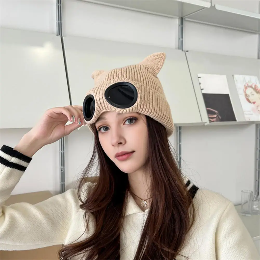 Cat Ear Hat Thermal Winter Hat Cozy Winter Ladies Hat with Kitty Head Goggle Decor Windproof Demon Cap with Ball for Women