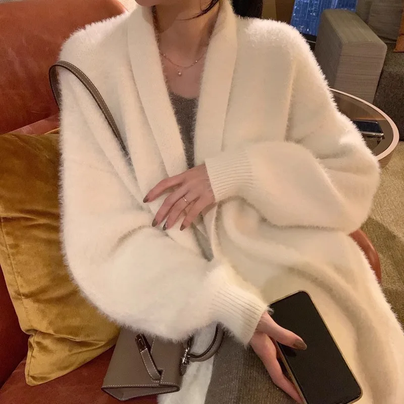 

Spring And Autumn New Solid Color Mink Fur Medium Long Sweater Women, Thickened Over The Knee Knitted Cardigan, Versatile Loose