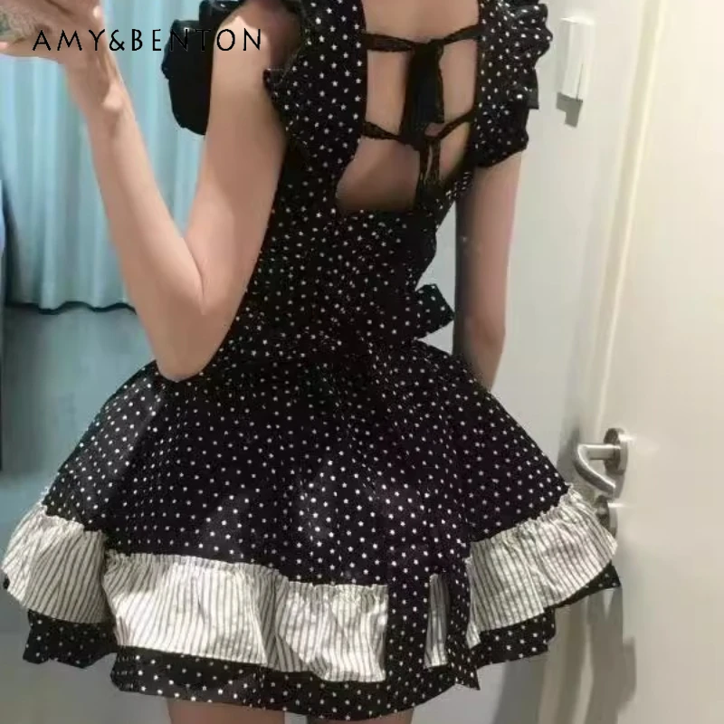 

2025 Summer New French Sweet Polka Dot Women's Dress Fly Sleeves Design Backless Straps Fluffy Princess Short Dresses Ladies