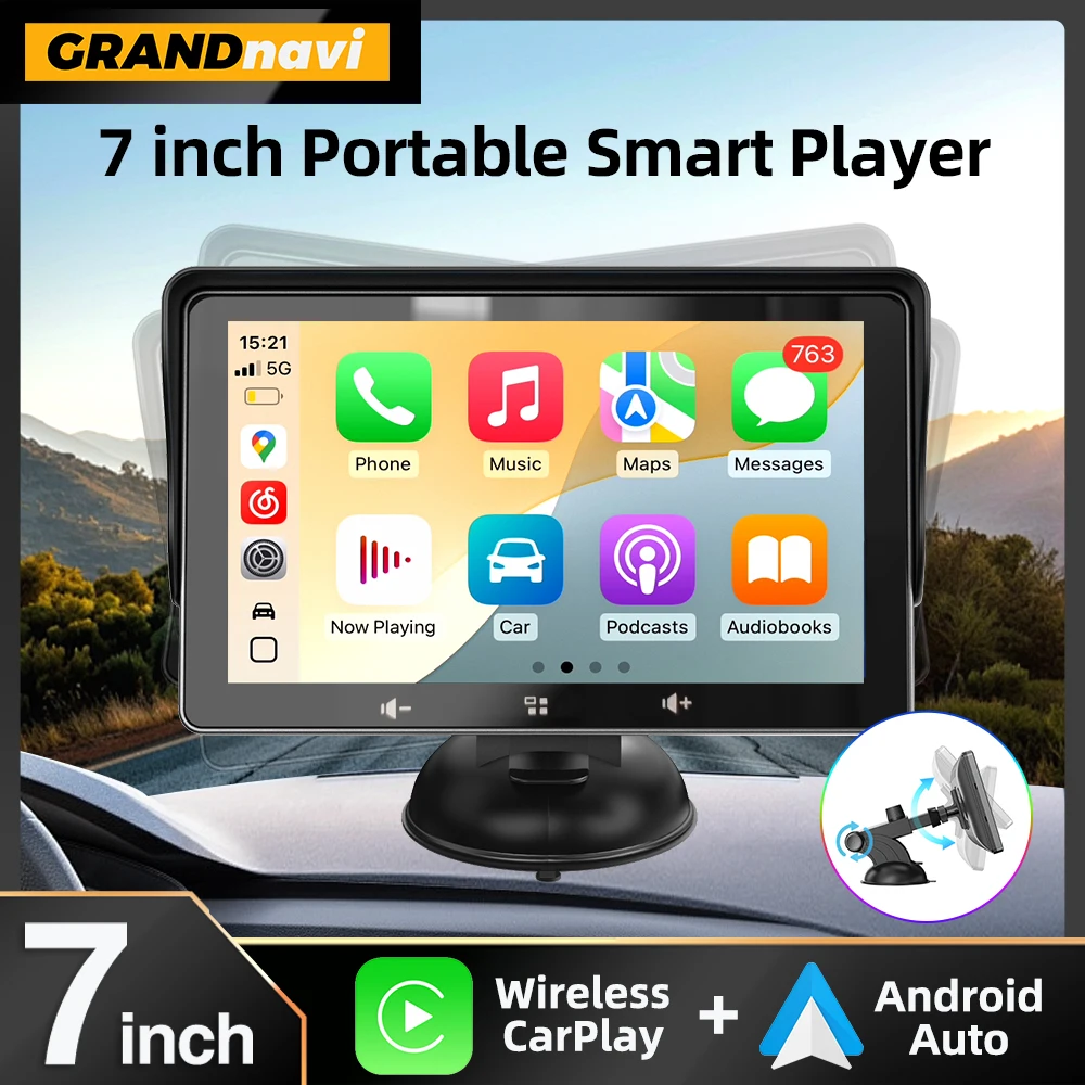 グランドナビ 7インチ カーラジオ マルチメディア ビデオプレーヤー ワイヤレスCarPlay & ワイヤレスAndroid Auto ポータブル ユニバーサル IPSタッチスクリーン