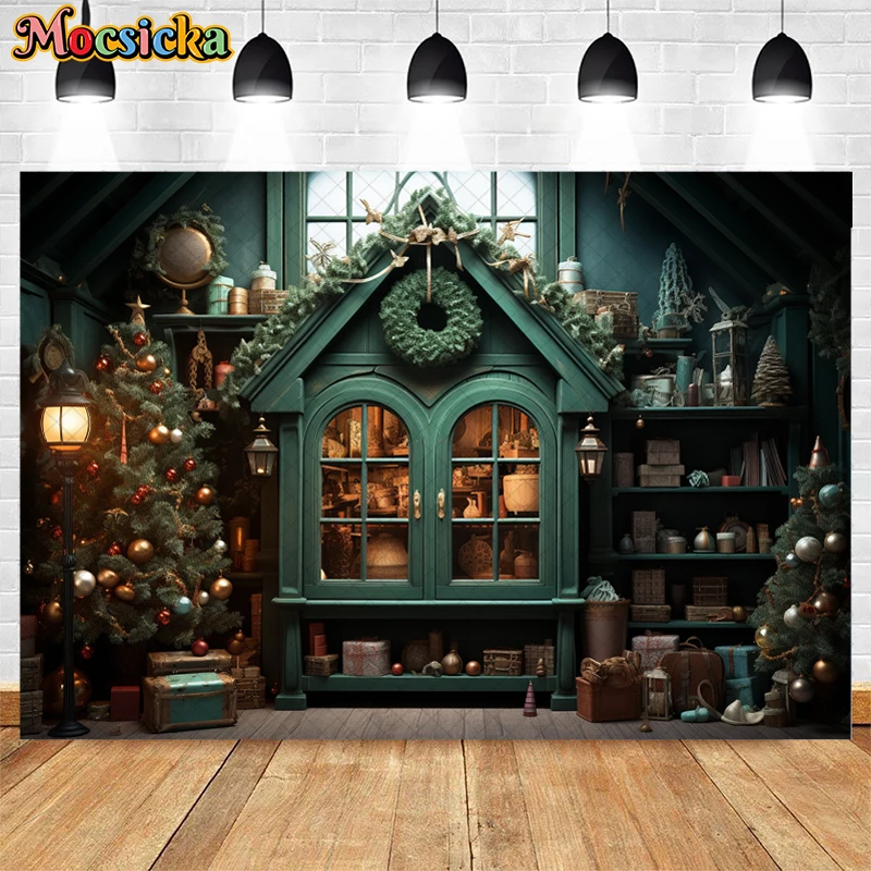 Christmas Santas Green Work Station Backdrop Kids Adult Photogrpahy Props Child Baby Photocall Xmas Trees Decors Background