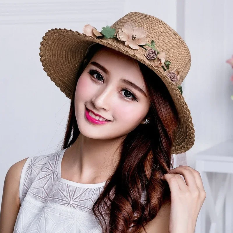 Wreath StrawHat Summer Sun Hat Ladies Elegant Hat Female Vintage Hats Straw Beach Hat Flower String Woman Hats Beach Straw Hat