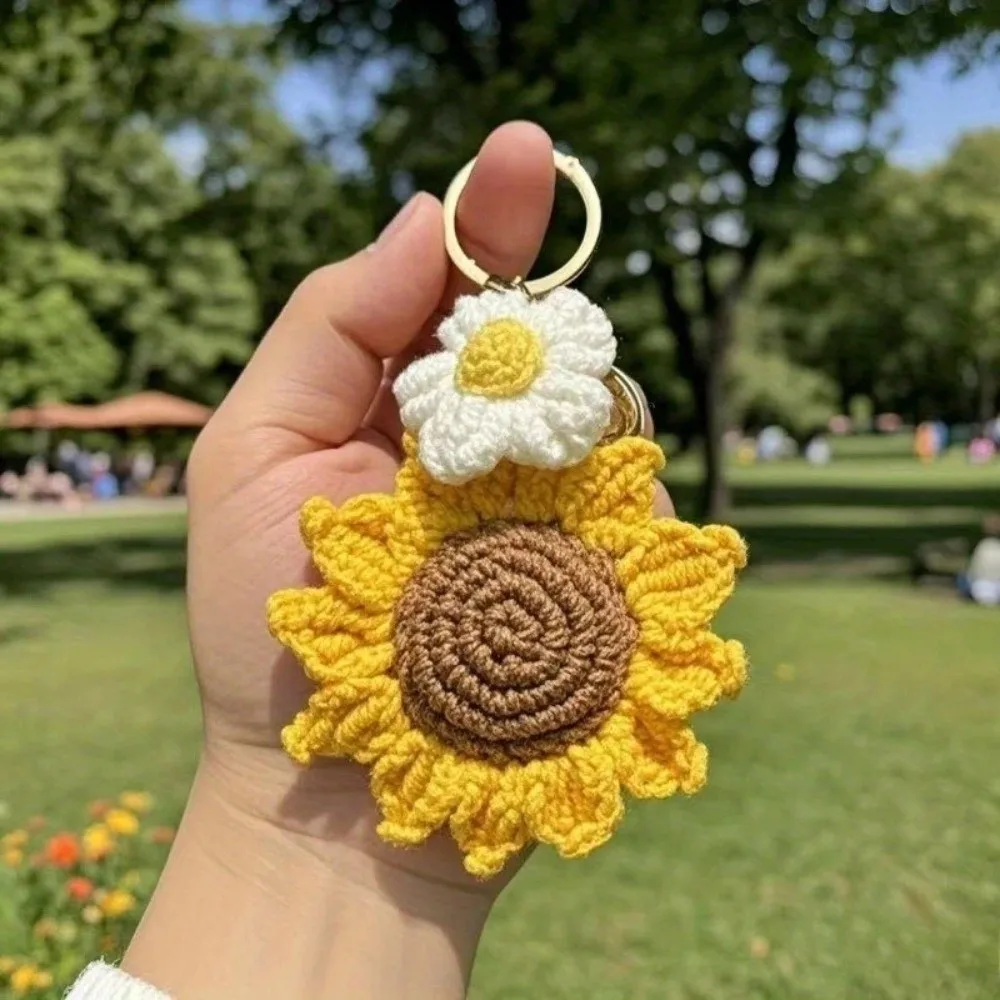 Fabric Crochet Sunflower Pendant Cotton Lobster Clasp Knitted Keychain Lightweight Adjustable Bag Lanyard Charm Backpack Decor