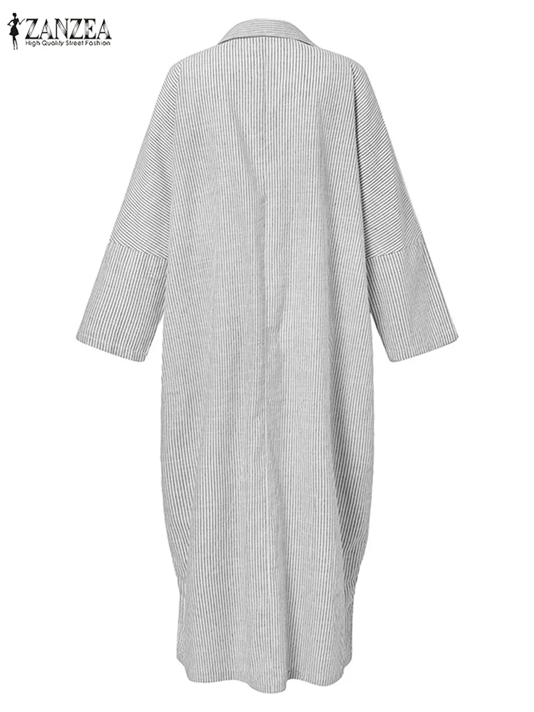 ZANZEA فساتين طويلة كبيرة الحجم للسيدات غير رسمية مخططة بياقة مقلوبة وأكمام طويلة وفتحة جانبية فستان ماكسي ملابس خروج للخريف #5