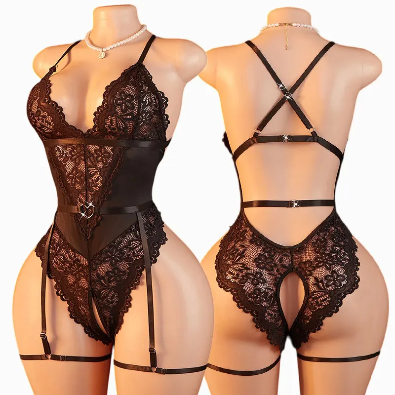 Women's Lace Crotchless One-Piece Underwear Delicate Bodysuit Lingerie V Neck Heart-Shaped Garter Belt With Leg Loop Accessories