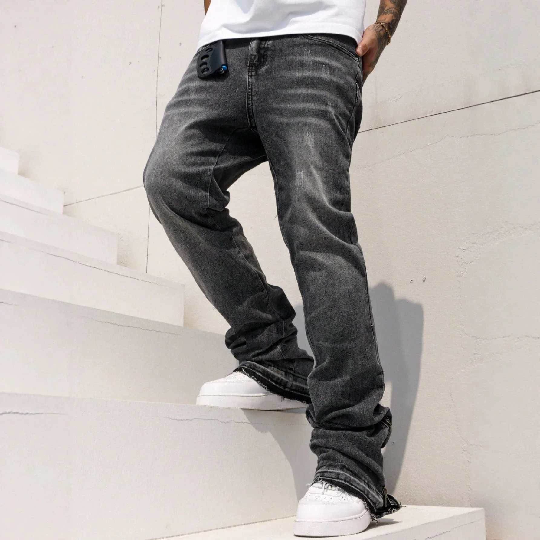 High Street Washed Light Blue Flare Jeans Men's Loose Stretch Straight Denim Pants
