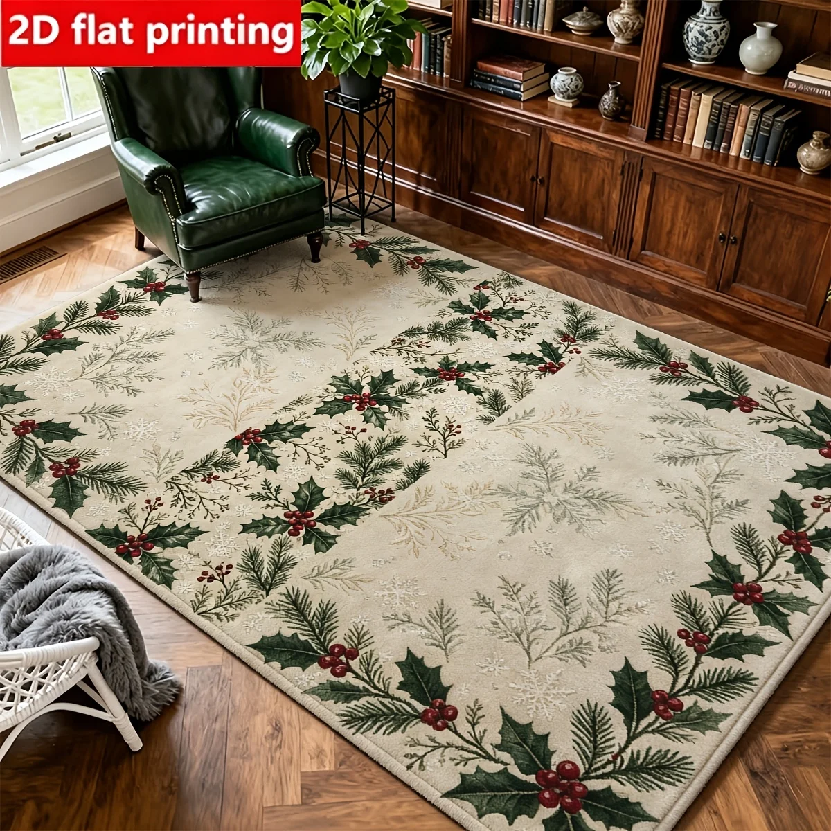1pc 2D Flat Holly Berry Pine Branch Snowflake Border Printed Floor Mat, Decorative Rug for Living Room, Bedroom, Home
