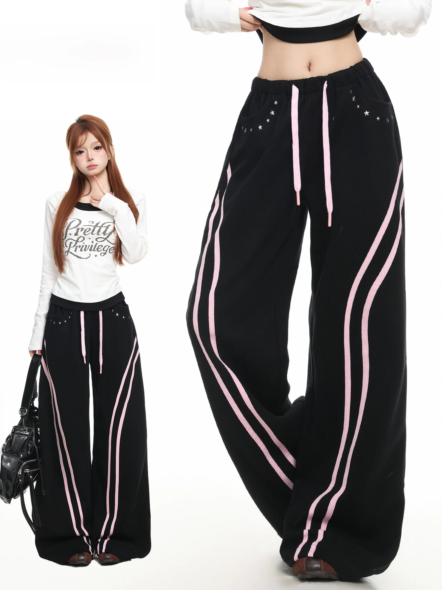 High Waist Striped Casual Pants Women's Loose Straight Sporty Pants Slimming Versatile Long Trousers Color Block Design