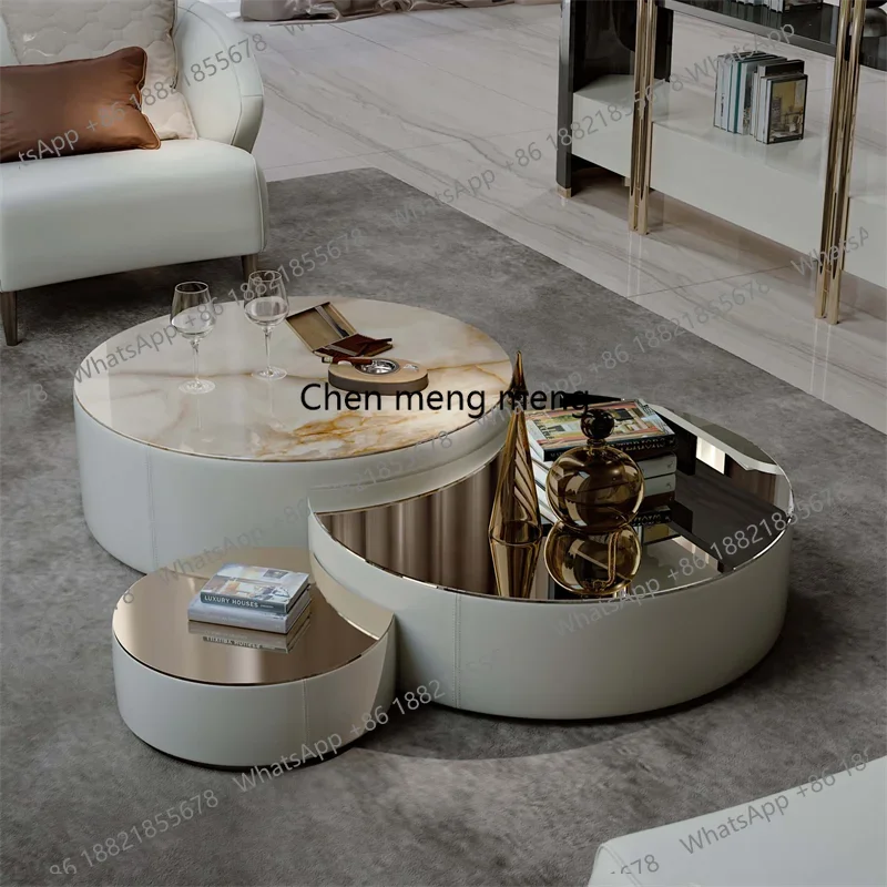 RR Modern Round Nesting Marble Coffee Table Set Of 3 For Living Room Italy  Design Ikat Coffee Tables Set with Stainless Steel T