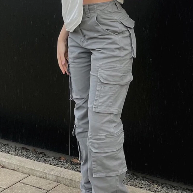 HYRAX Trousers Female American Street Handsome Pockets Retro Solid Color High Waist Motion Personality Straight Overalls