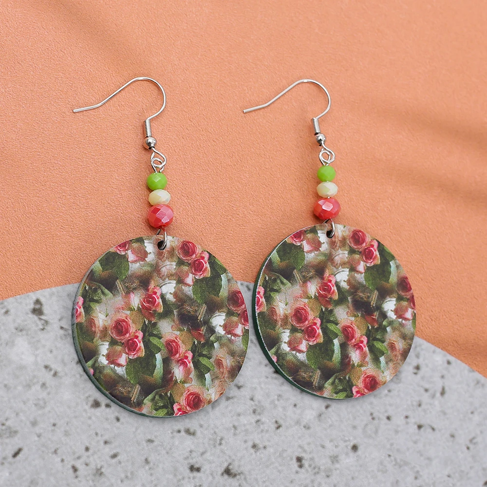 Fashion Flower pattern 3D Printing Round Acrylic Earrings Trend For Women Aesthetic Vintage Style Vacation Daily Wear Jewelry