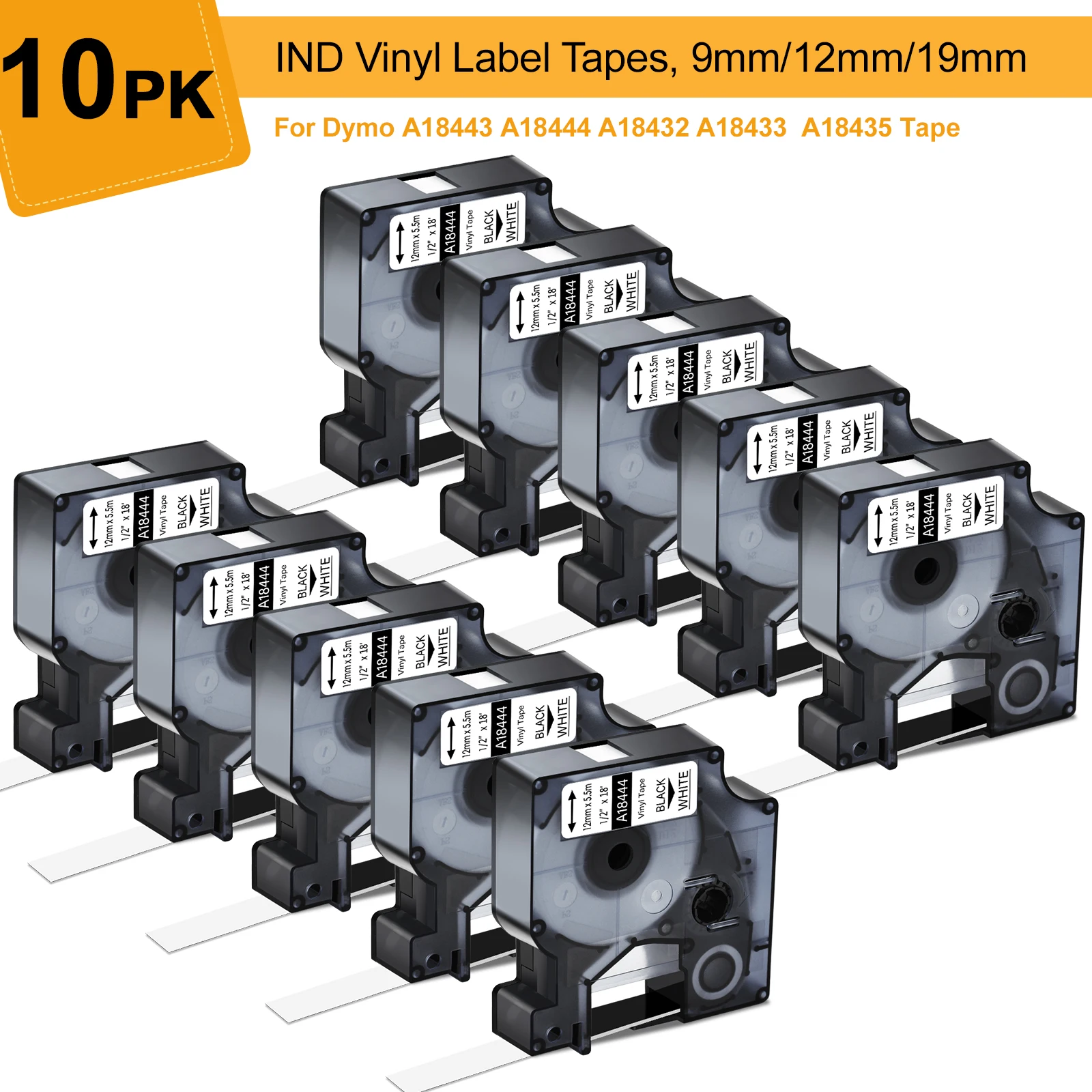 

3-10PK A18444 Label Ribbon Compatible for Dymo IND Vinyl S0718600 9/12/19mm Black on White Tapes for DYMO Rhino 1000 5000 Maker