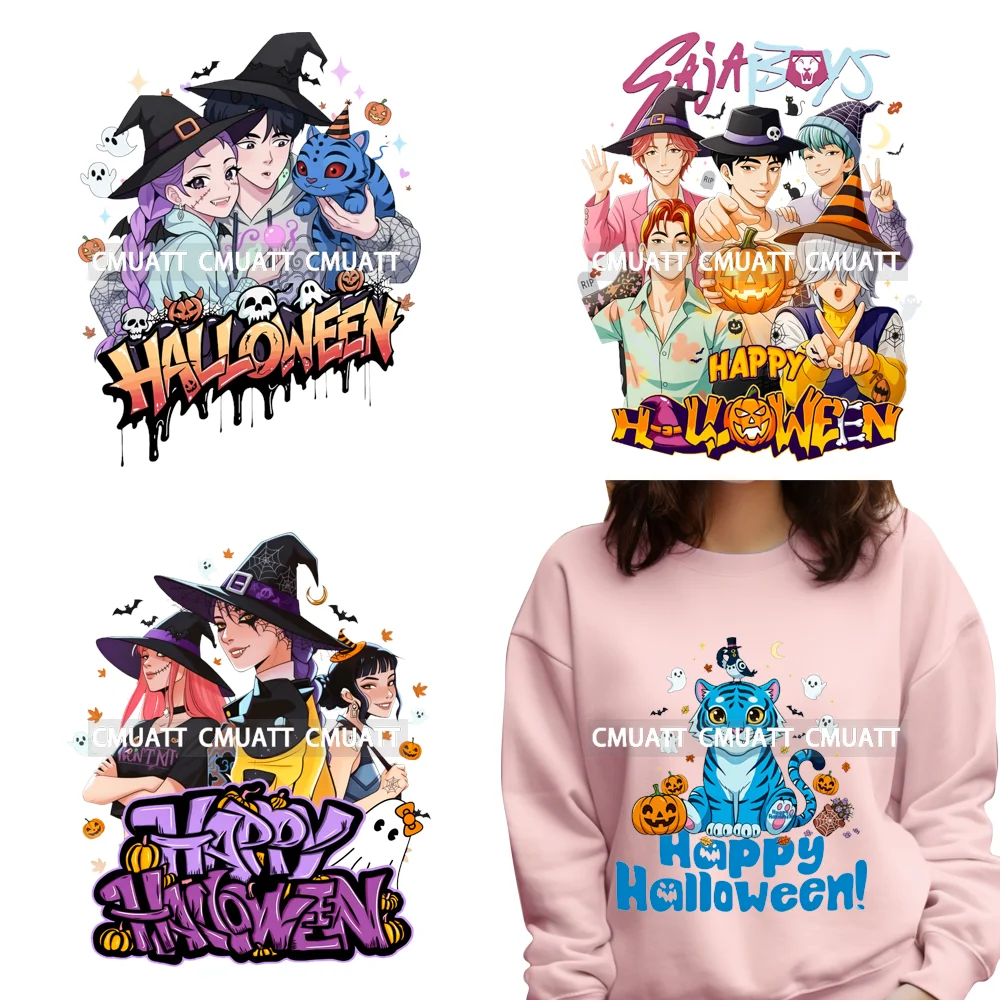 

Happy Anime Halloween Spooky Kpop Idol Trick or Treat Pumpkin Iron on DTF Washable Transfers Stickers Ready to Press for Clothes