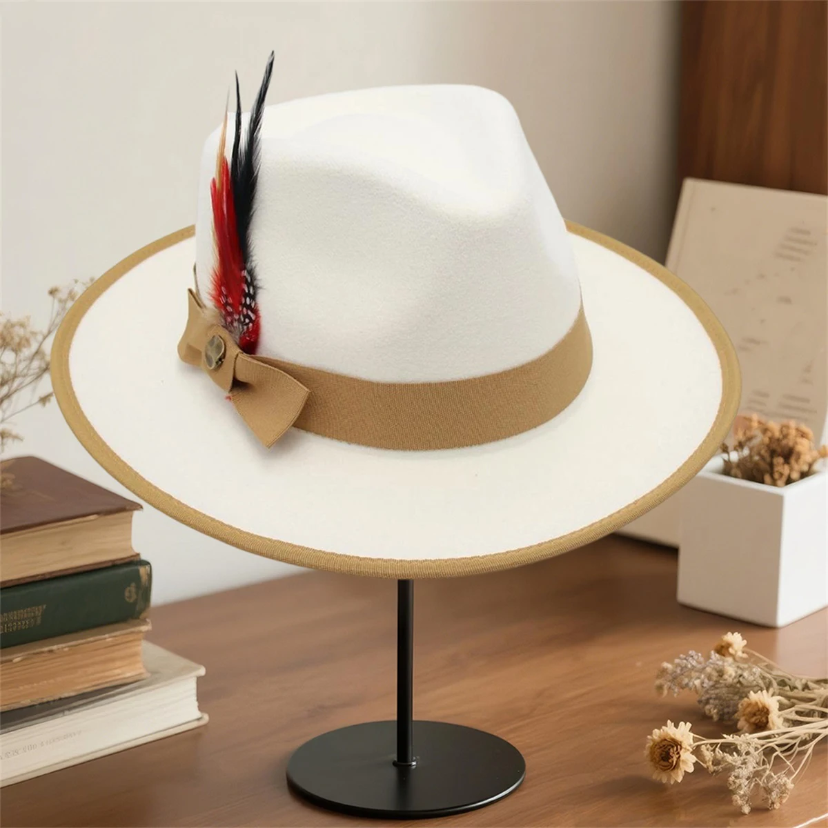 قبعة فيدورا من الصوف الكلاسيكي للنساء والرجال مع شريط ريش عتيق بحافة واسعة وقبعة جاز بنما بتصميم كلاسيكي أنيق #5