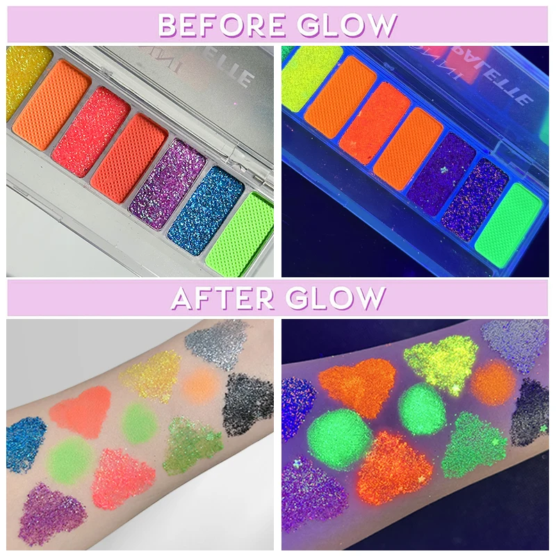 Blacklight uv brilho no escuro paleta de sombra fluorescente palco clubbing neon maquiagem paleta 10 cores pigmento luminoso sombra de olho