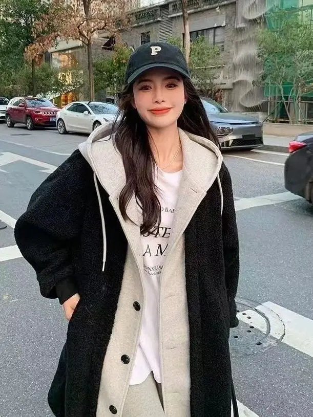 Color Blo Piel de cordero Jaet Ropa de abrigo larga y holgada para mujer Diseño falso de dos piezas Top de invierno Faion de talla grande