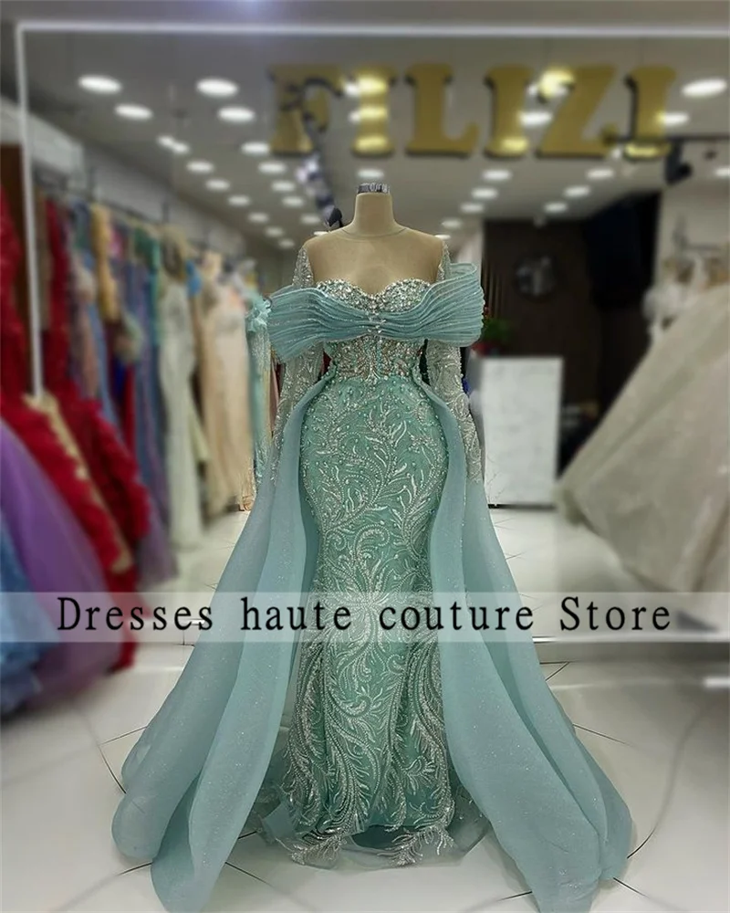 Sky Blue Arabic Crystals Mermaid Evening Dresses 2024 Glitter Detachable Train Pearls Wedding Party Dress Prom Dress