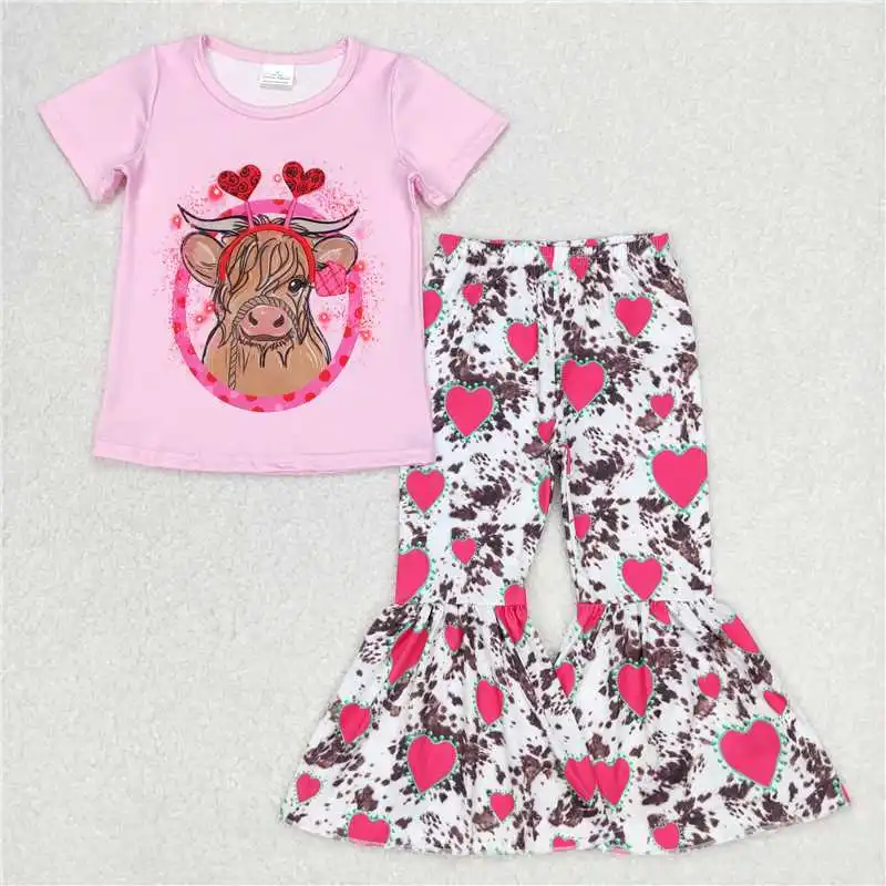 Kids Valentine\'s Day Clothes Short Sleeve Top With Bell Bottom Pants Set Heart Print Baby Girls Boutique Outfits