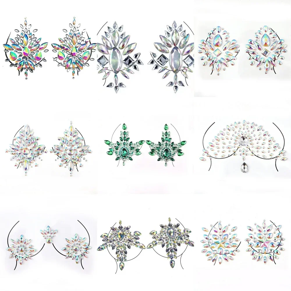 Crystal Bra Stickers Adhesive Acrylic Diamond Beads Breast Pasties Shiny Bra Pad Stickers Makeup Rhinestone Nipple Cover