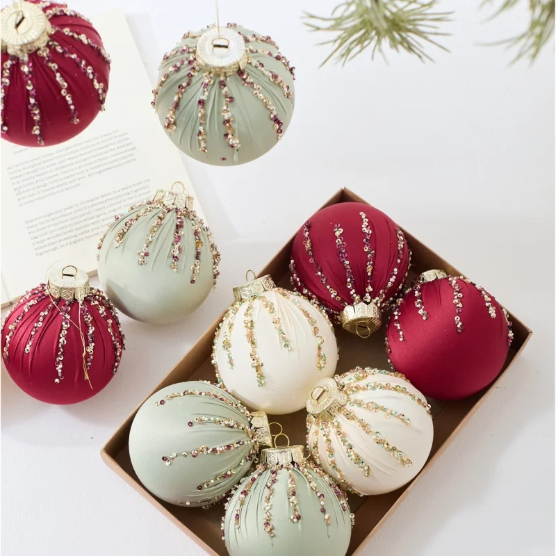 

6/12Pcs 8cm Boxed Red and Green Flannel Christmas Balls Wrapped Cloth Balls Christmas Tree Decoration Hanging Christmas Decor