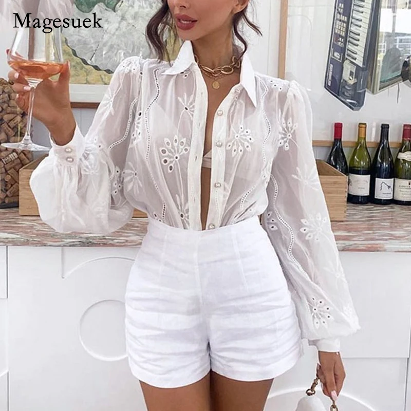 

Vintage Embroidery Blouse Women Long Puff Sleeve Button Down Shirt Women Hollow Out Casual Crochet Lace Shirts Office Lady 19822