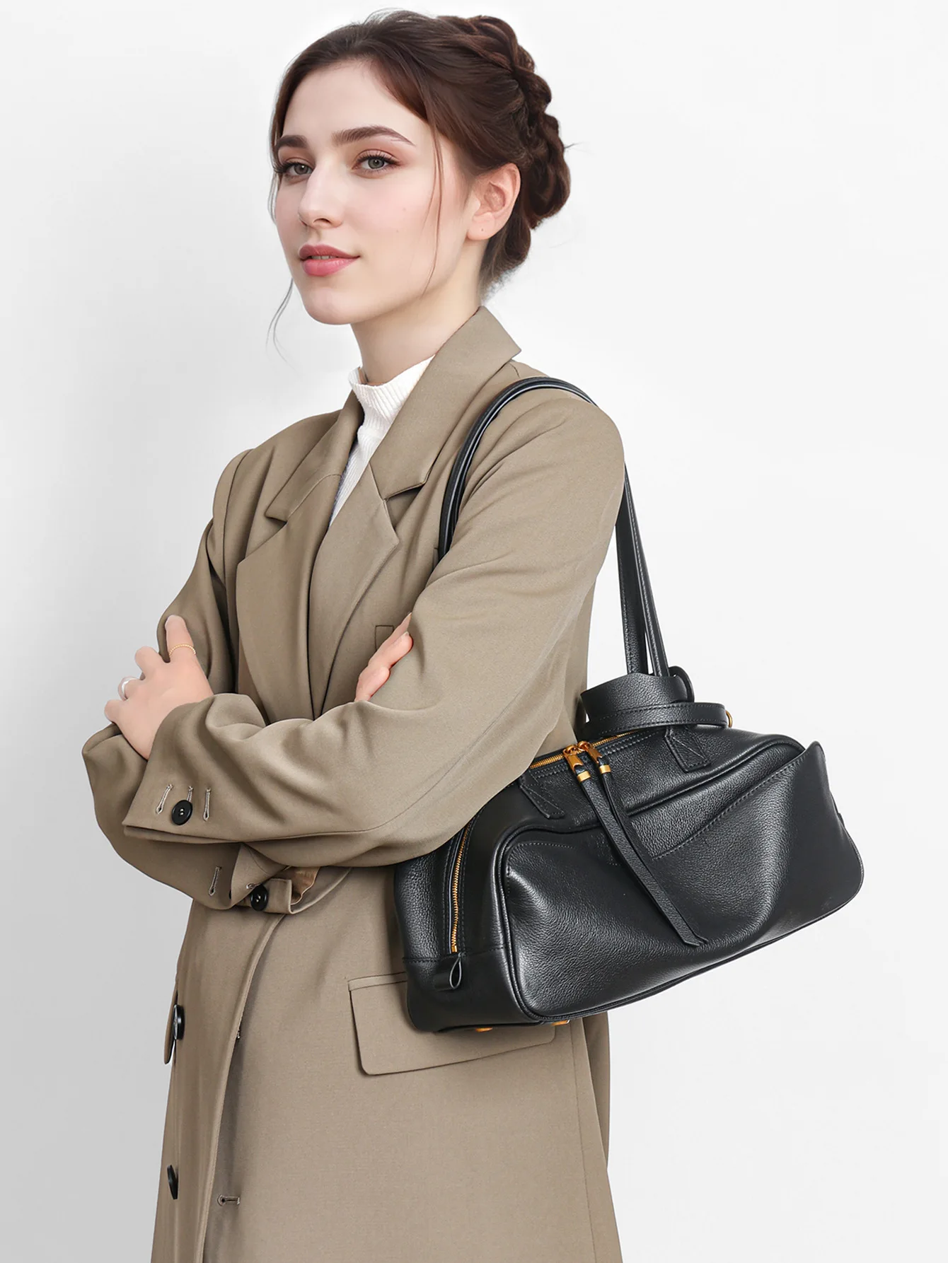2025 Spring/Summer Carrier Bowling Bowling New Women's Bag Simple Head Layer Cowhide Boston Bag