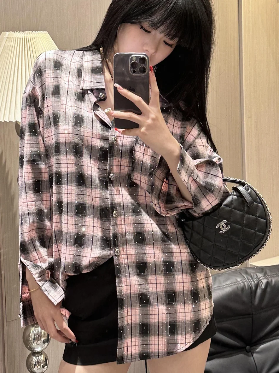 2024 Spring and Summer New Fashion Rhinestone Plaid Long-Sleeved Shirt Women's Loose Leisure All-Matching Blouse Ladies Top