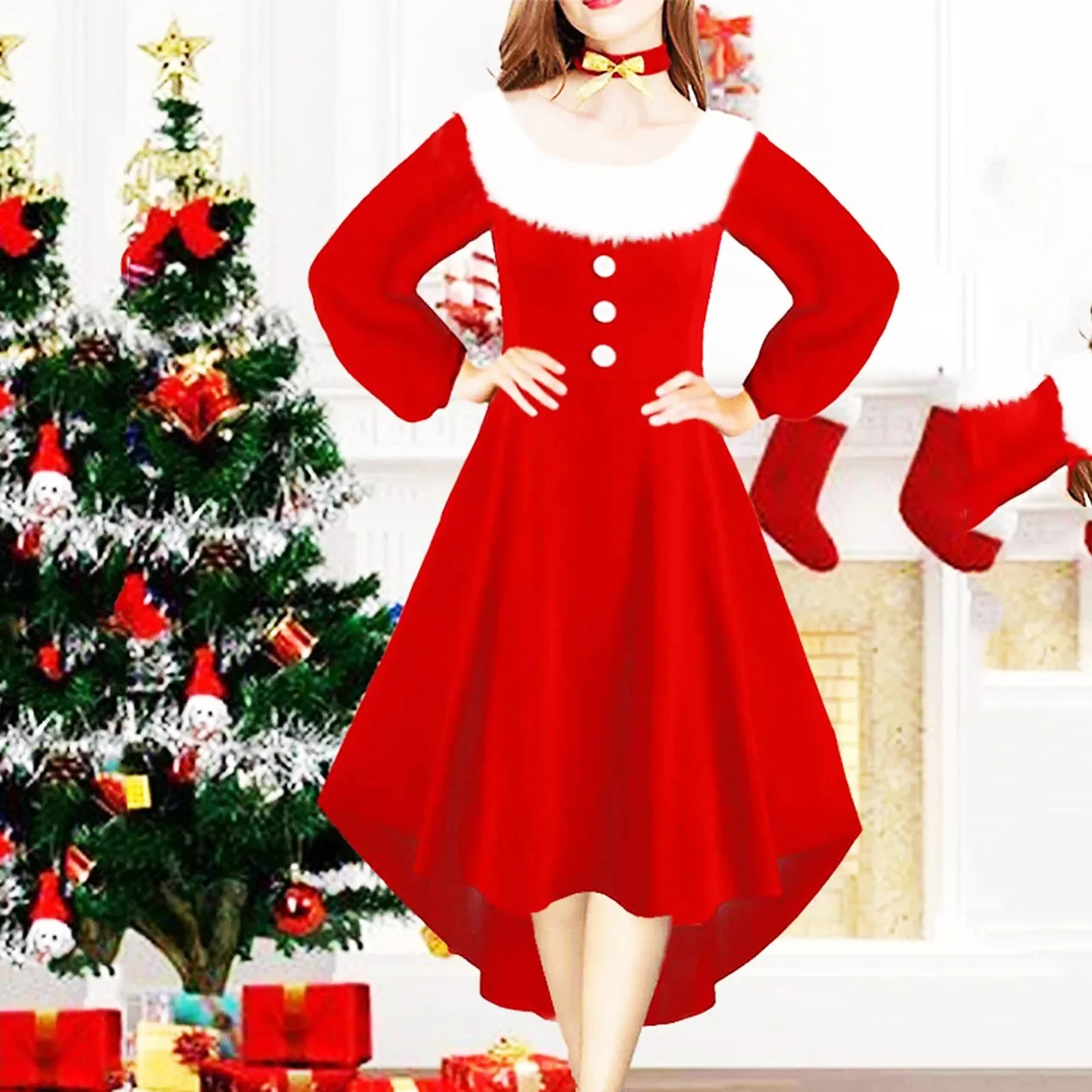 Women's Christmas Costume Red Button-up Long-sleeved Knitted Plush Princess Dress Christmas Costume Xmas Party Santa Claus Cospl