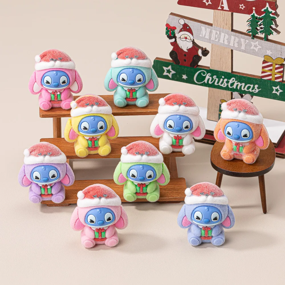 

9pcs Flocked Stitch Mini Figurines, Christmas Themed Resin Charms for DIY Keychain/Bracelet, Cute Anime Desk Decor, Holiday Gift