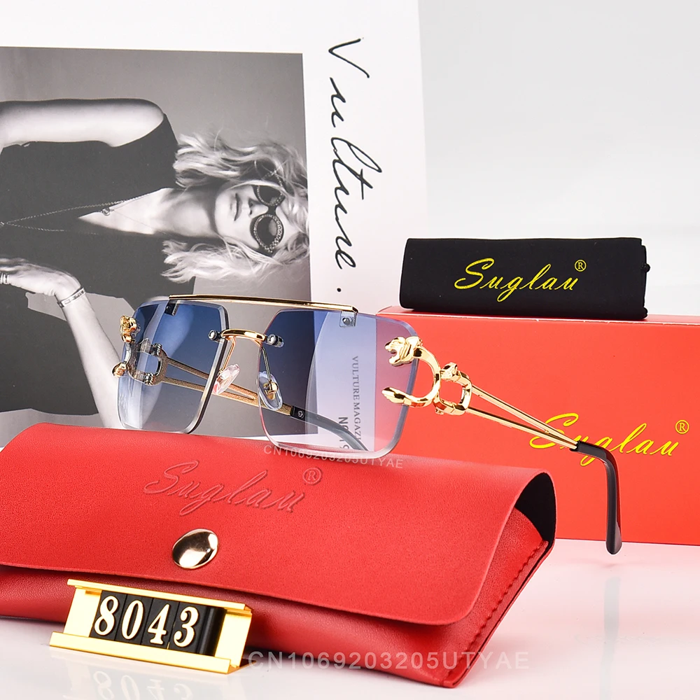 SUGLAU American Luxury Brand Women\'s Sunglasses Fashion Leopard Head Ultra Light Frame Metal Square Gradient Sun Glasses UV400