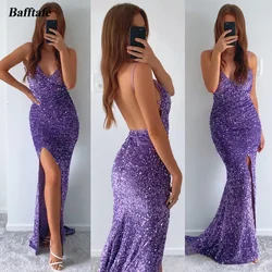 Bafftafe Purple Mermaid Sequin Long  Evening Dresses Sexy Backless Customized Women Party Prom Dress Slit Formal Occasion Gowns