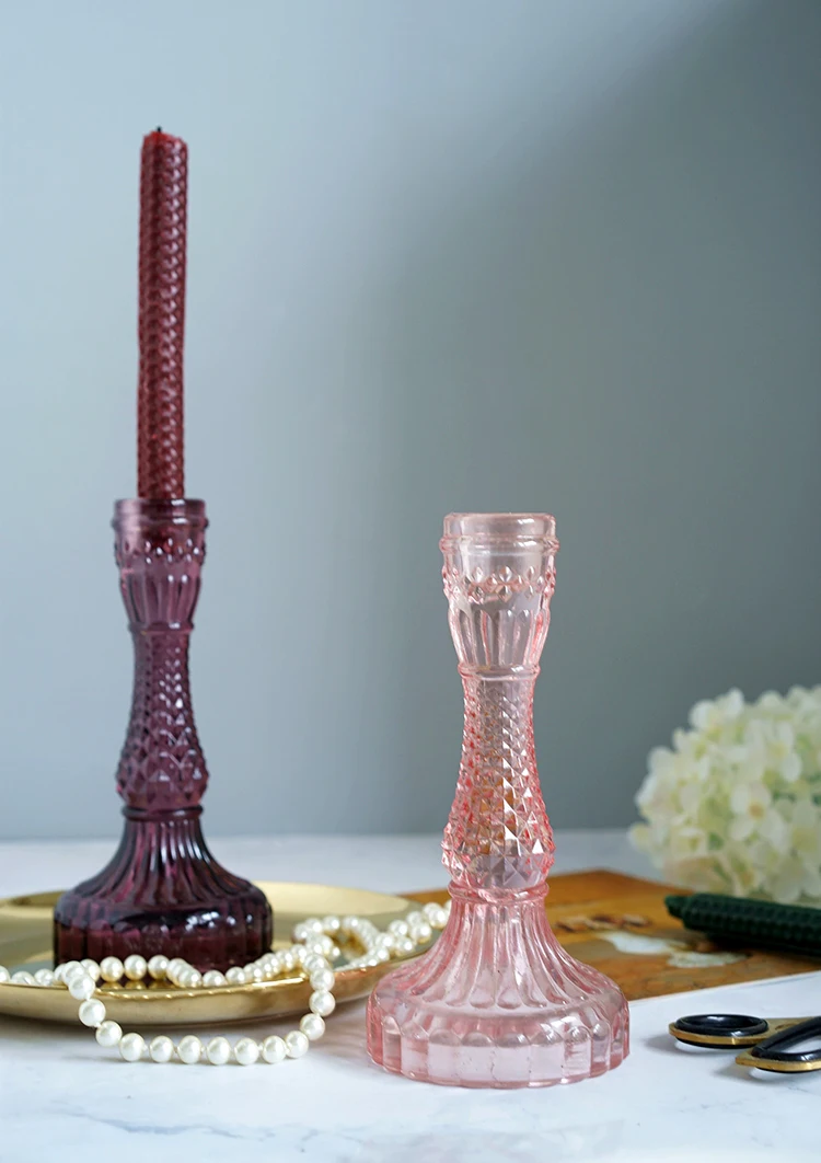 Vintage Gilian Glass Taper Candlestick Holders Pair Pink Purple For Home Table Wedding Party Decoration Diamond Facets Pattern