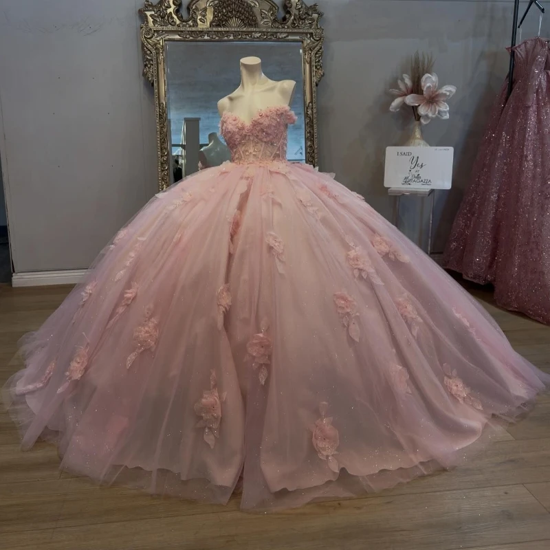 

Mexico Pink Quinceanera Dress Ball Gown Off The Shoulder Lace Applique Beaded With Bow Tull Corset Sweet 16 Vestido De 15 Anos