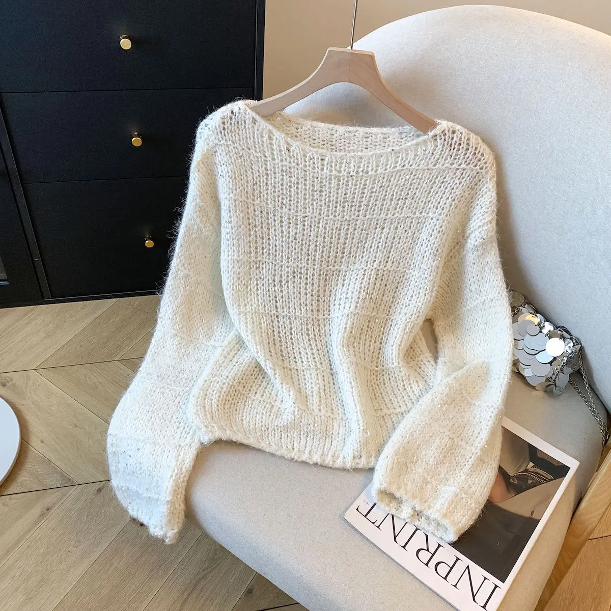 

Long Sve круглый Ne вязаный блестящий свитер, свободный, удобный, элитный, осенне-зимний трикотаж, легко носить, женский топ