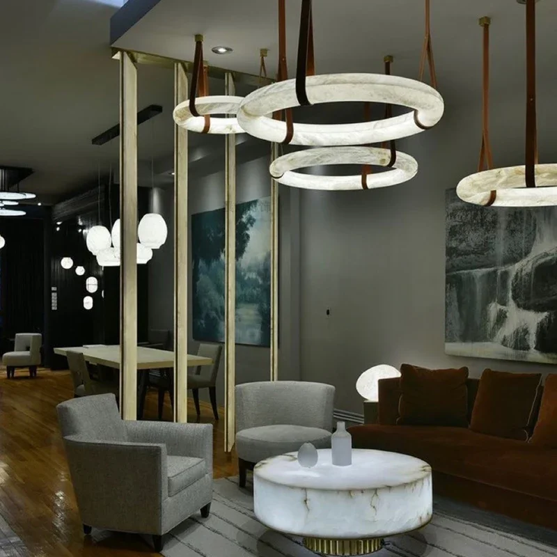 2026 Hot Selling High-end Living Room Main Light, Round All Copper Leather Pendant Light, Spanish Marble Pendant Light