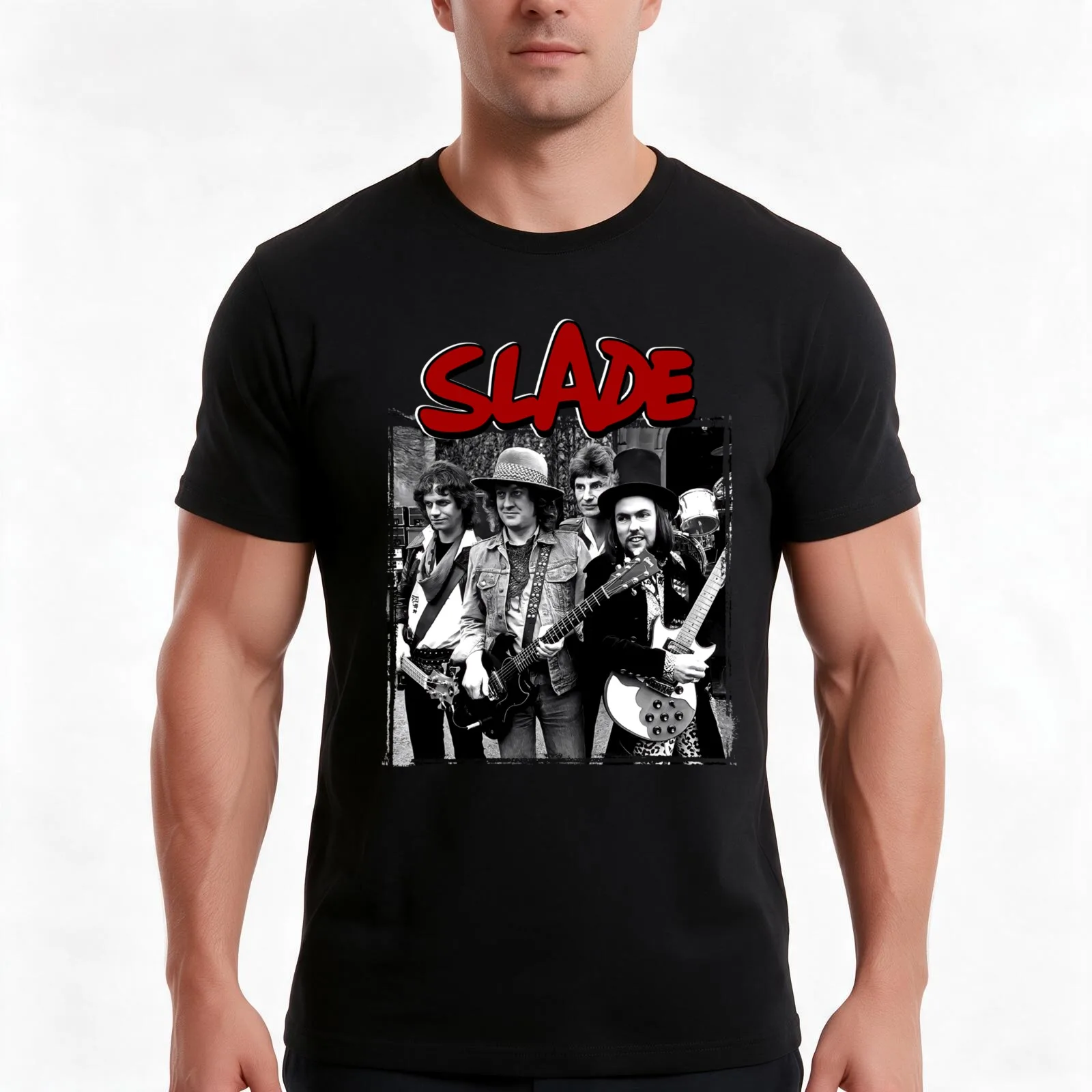 Slade Band Glam Rock T-Shirt, Summer Casual Cotton Tee, Oversized Streetwear Tops, Vintage Graphic Print, Loose Fit Short Sleeve