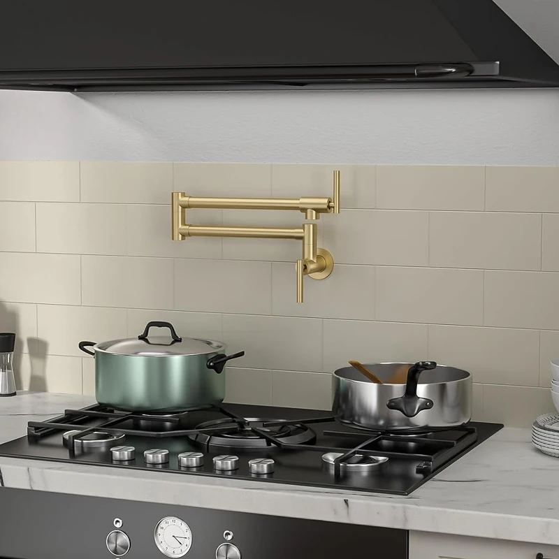 

Kitchen Pot Filler Tap Wall Mounted Dual Joint Swing Arm Kitchen Faucet Single Cold Kitchen Folding Sink Faucet Brushed Gold