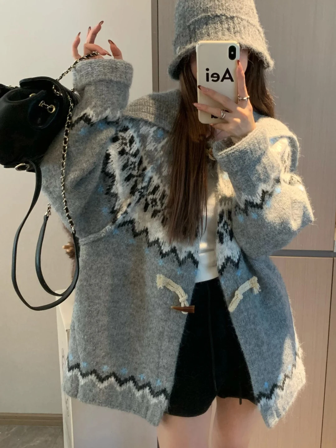 Gray Fair Isle Buttoned Hooded Sweater Coat Women's Spring Autumn Small Size Soft Thickened Knitted Open Cardigan Top