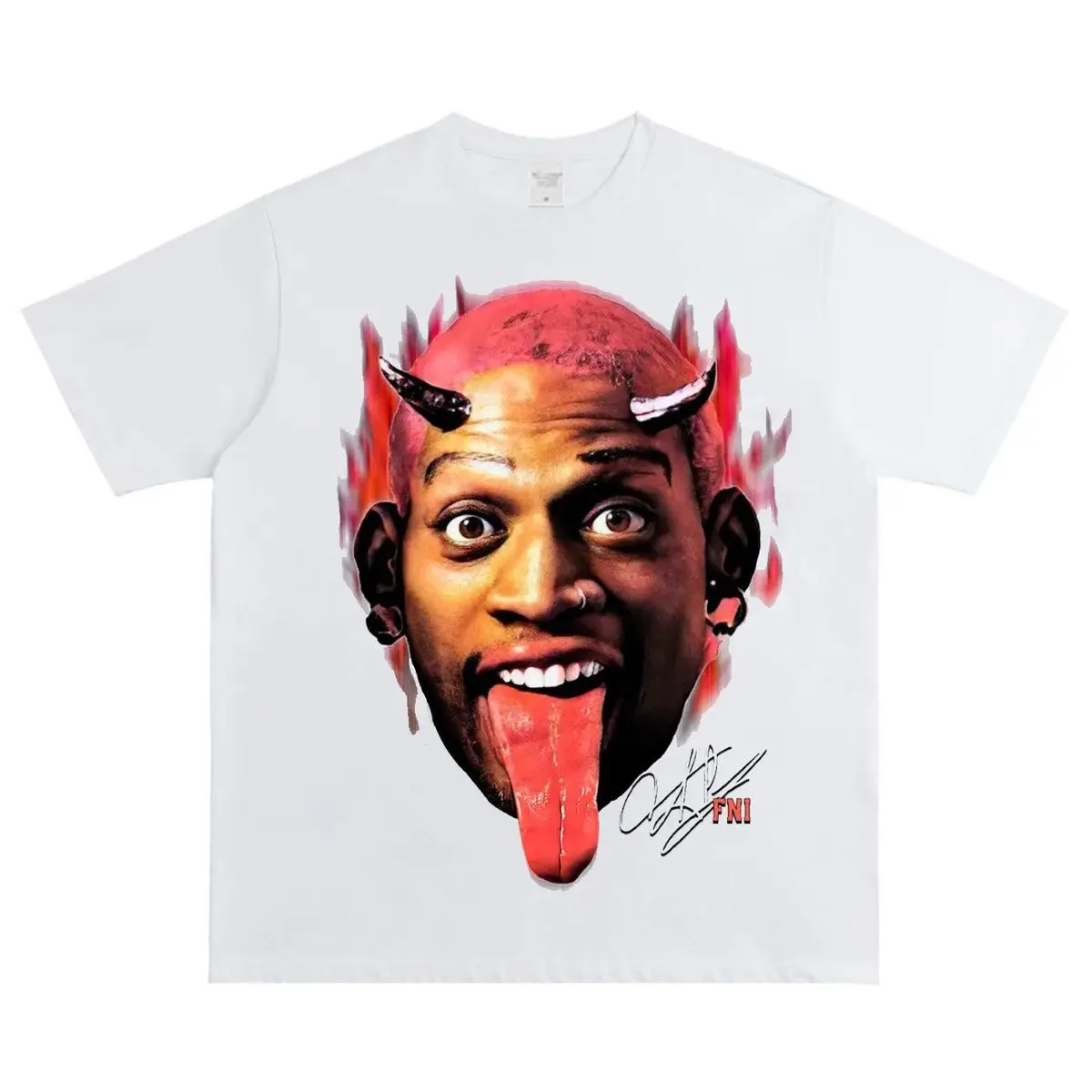 Summer American Rodman Devil Big Head Print Heavy Cotton Short Sleeve T-Shirt Men's and Women's Trend Loose Crew Neck Top