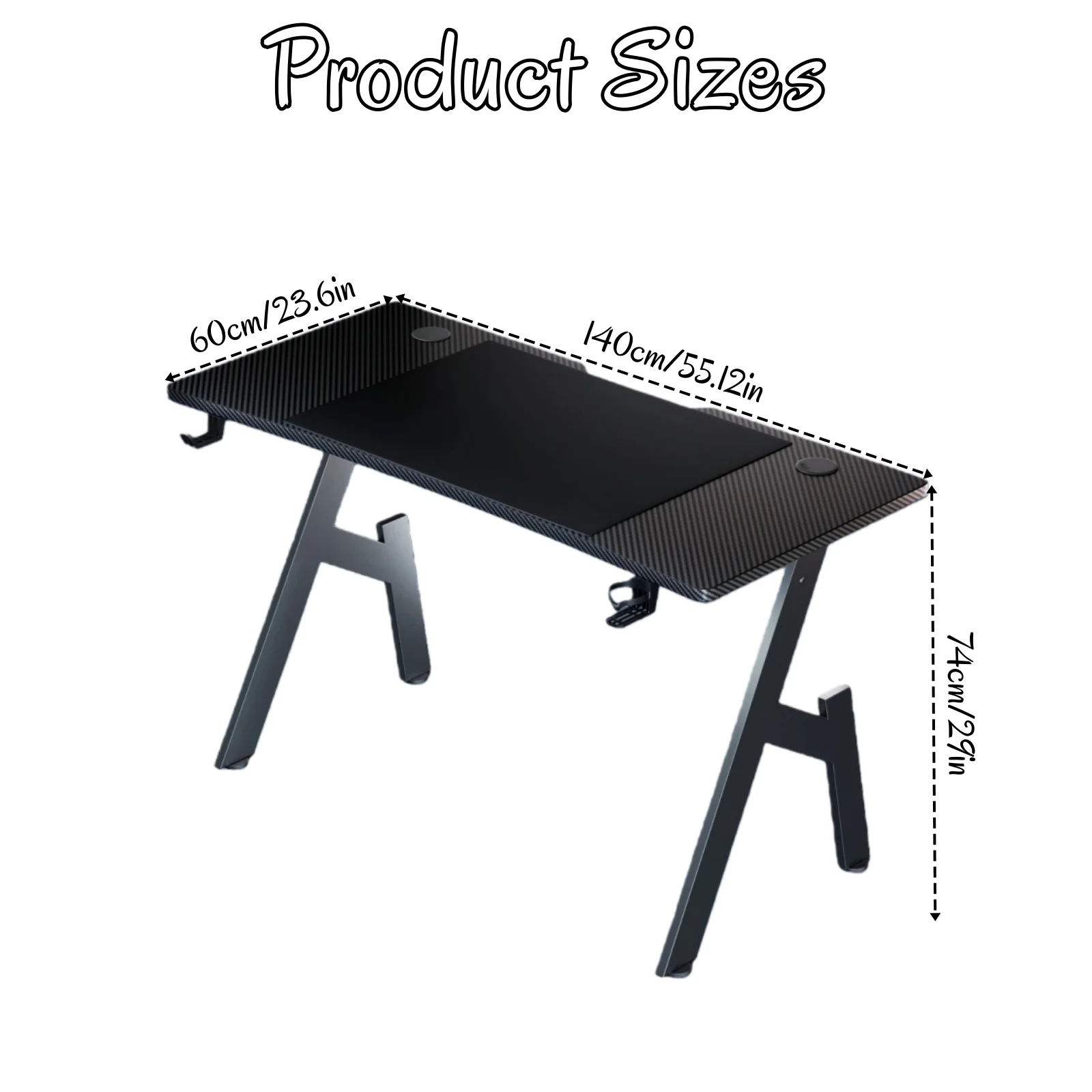 80/100/120/140cm Gaming-Schreibtisch, A-förmiger Bürotisch mit Getränkehalter und Kopfhörerablage, Moderner Carbon-Faser Gamer-Tisch für Zuhause und Büro