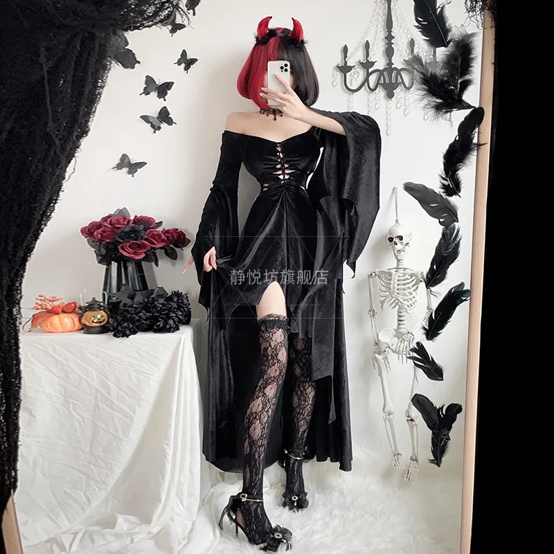 black lace dress halloween costume Purple Gothic Lace Up Back Cami Dress Halloween Costume Without Gloves main image 0