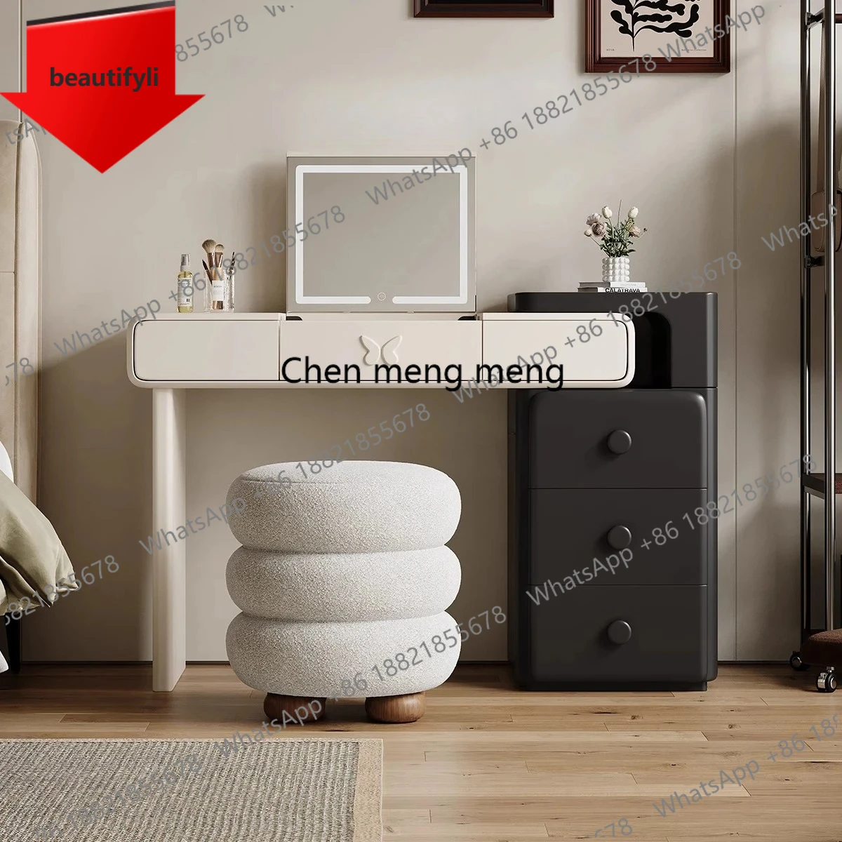 

Q181 Modern simple flip mirror dresser bedroom end cream wind solid wood makeup table