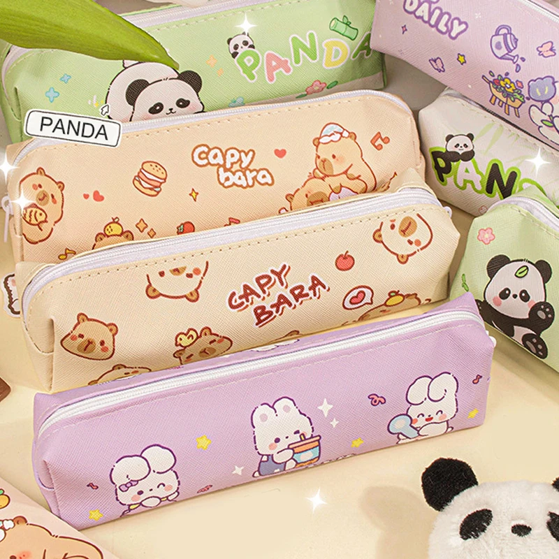 Cartoon Fashion Canvas Capybara Panda Rabbit Pencil Bag Cute Creative Stationery Box Large Capacity Pencil Case School Supplies
