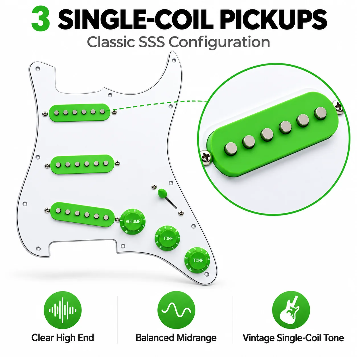 Green SSS Loaded Pickguard for ST Style Electric Guitar 3 Single Coil Pickups Prewired Wiring Harness 5 Way Selector Switch