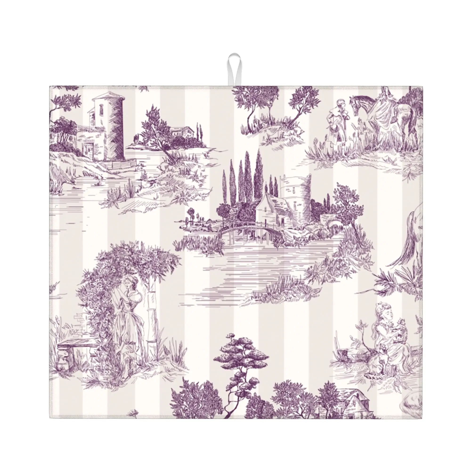 Drying Mat For Kitchen Toile de Jouy Soft Plum Striped Vintage Print Design Barware Tableware Washable Kitchen Sink Drying Pad