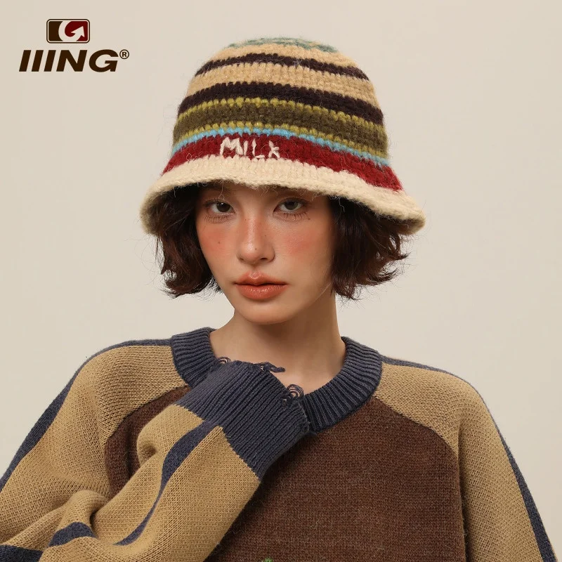 Hat 2023 Arrival Knitted Fisherman Hat Women's Fall Winter Heattech Retro Contrast Color Stripes  Sle Woolen Cap Bucket